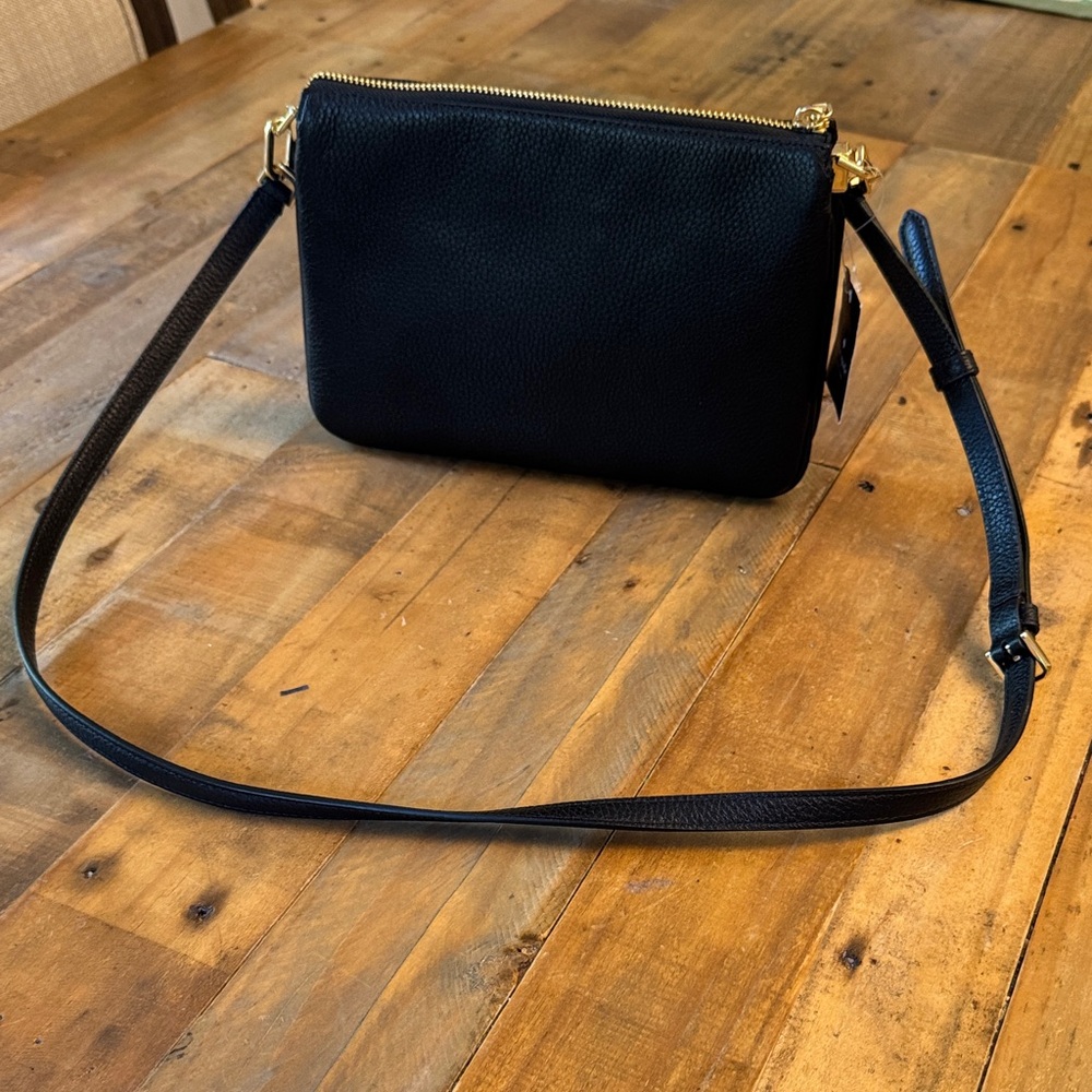 New kate spade Kayla small black Pebbled Leather Double-Zip Crossbody Gold NWT - Picture 4 of 7